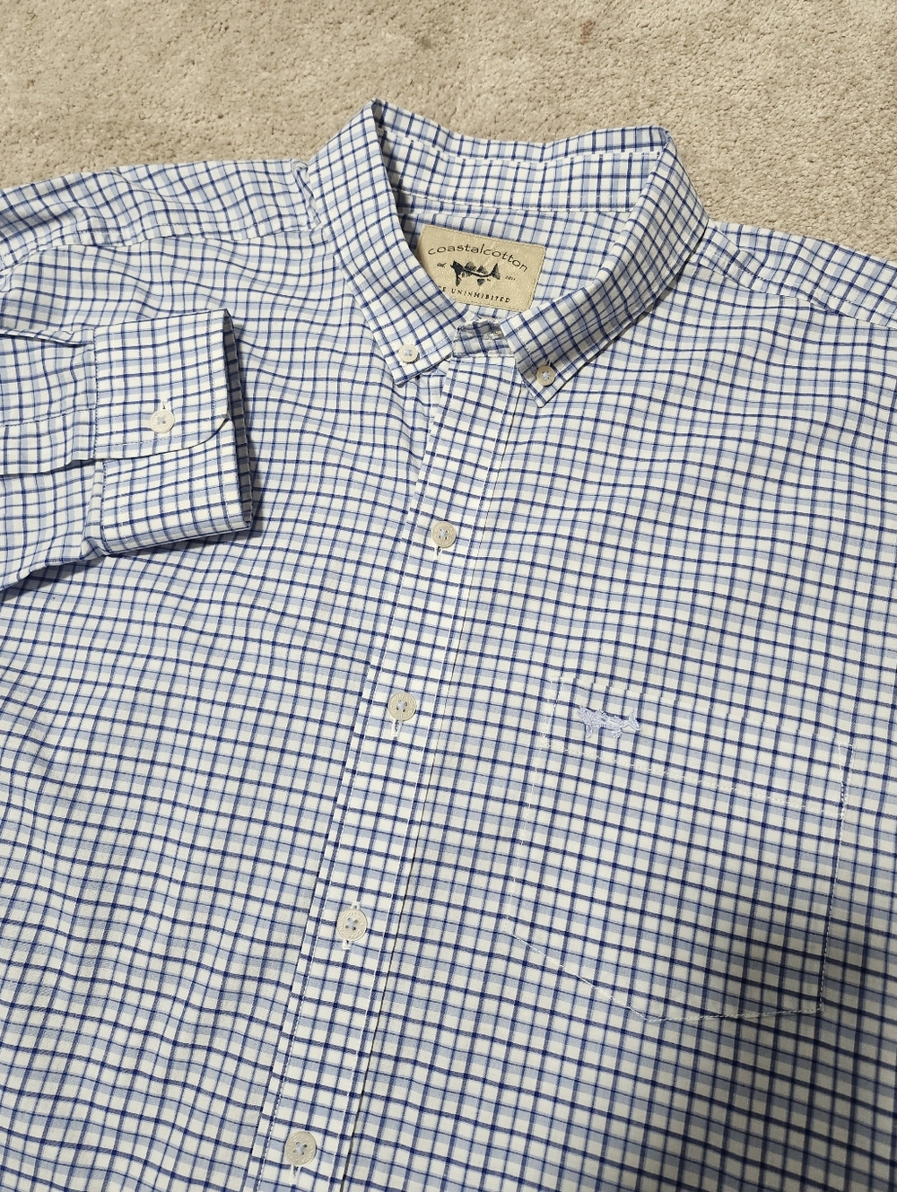 Men’s Coastal Cotton White & Blue Check Button-Down Shirt Size LARGE